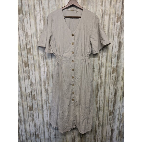 T Tahari Linen Blend Midi Dress Flutter Sleeve Khaki Button Up Shirred Waist 12 - Picture 1 of 15